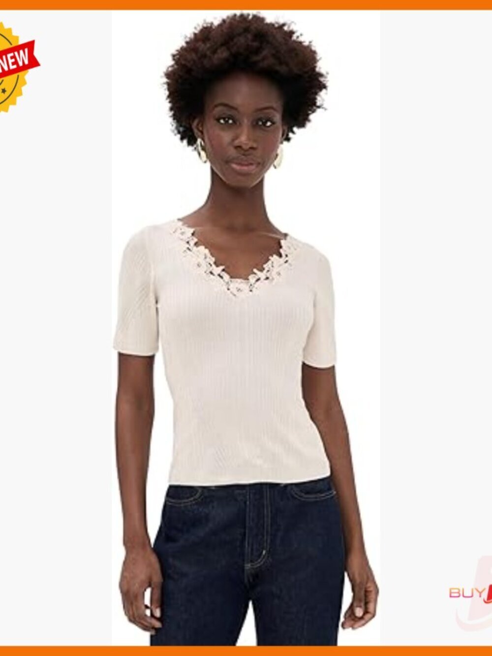 Short Sleeve V-Neck Knit Top with Lace Detail